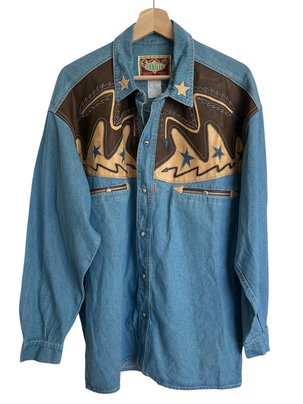 Vintage Shooter Western Denim Shirt Cowboy Snaps All Cotton 1990's Large